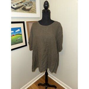 Flax Top Womens Large Green 100% Linen Pullover Boho Lagenlook Shirt